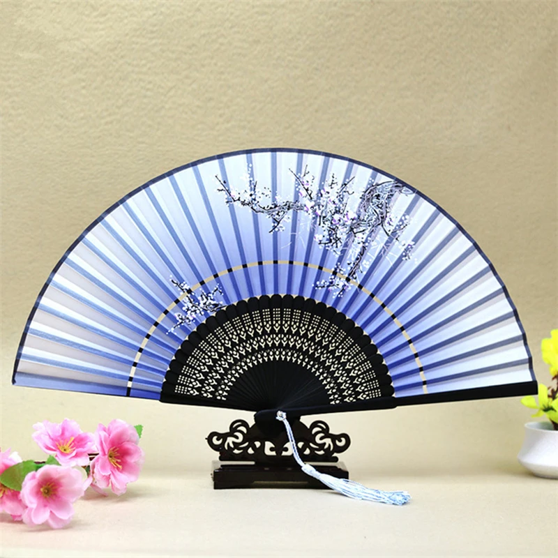 1pcs Chinese Style Carved Bamboo Craft Fan Two Sections Folding Silk Cloth Hand Fans Handmade Gift Home Decoration