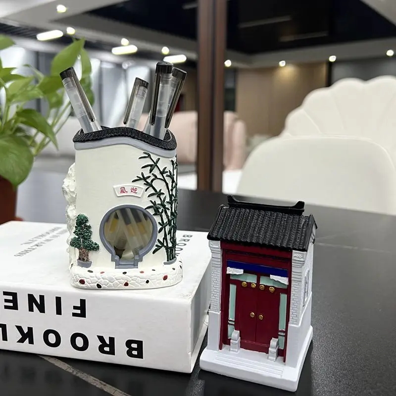 レトロな中国風のオフィスデスクトップ風景建築模型装飾ペンホルダー樹脂素材伝統文化トレンド