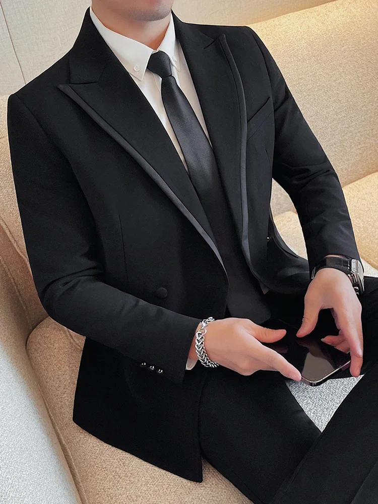 Fashion Double Breasted Design Slim Fit Suit Jacket 2024 New Men's Casual Wedding Party Blazers Best Man Prom Suit Coats Tuxedo