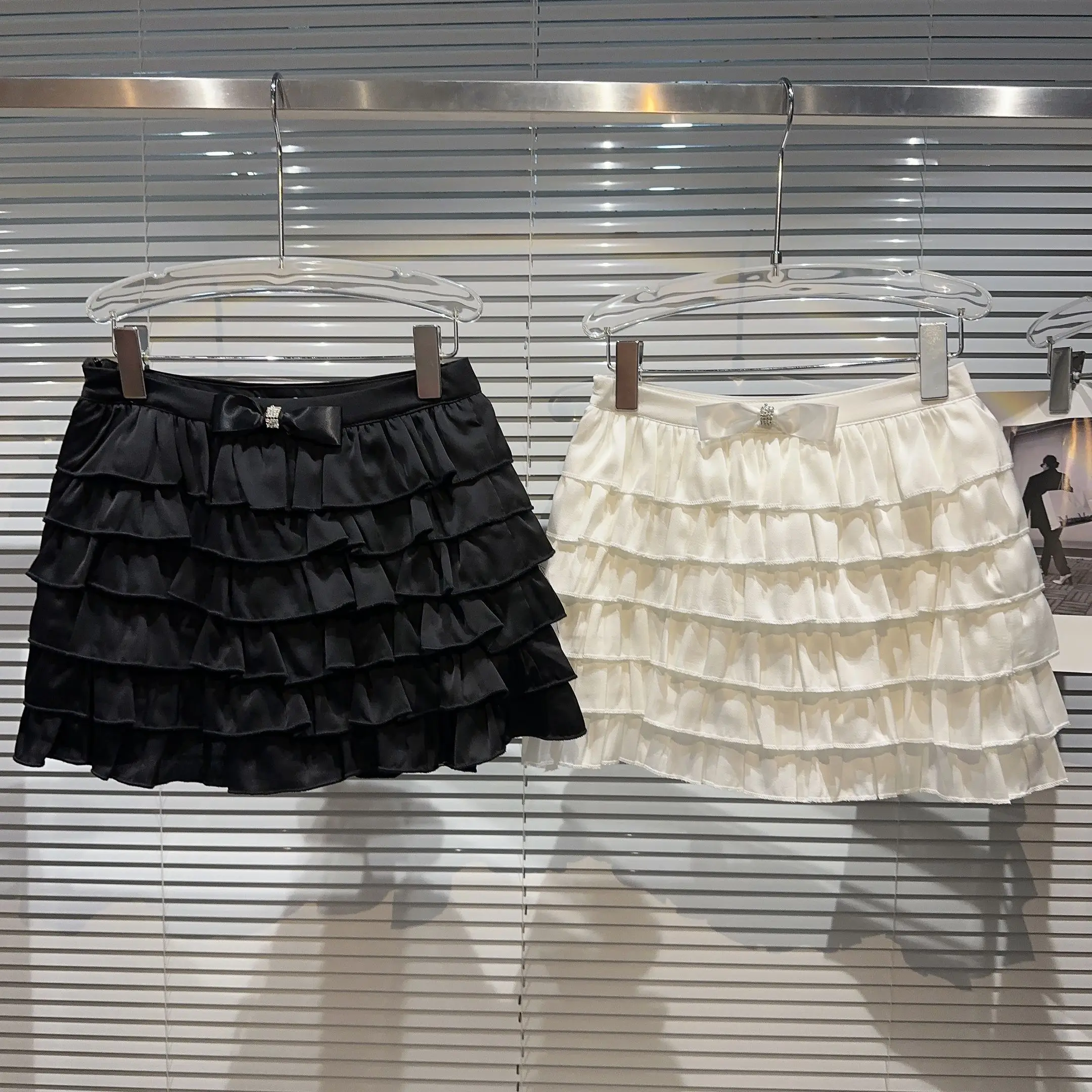 

Trendy Knot Multi-Layered Ruffle Skirt Cake Skirt f-length Simple Sle Pure Color Mid-Waist A-Line Skirt