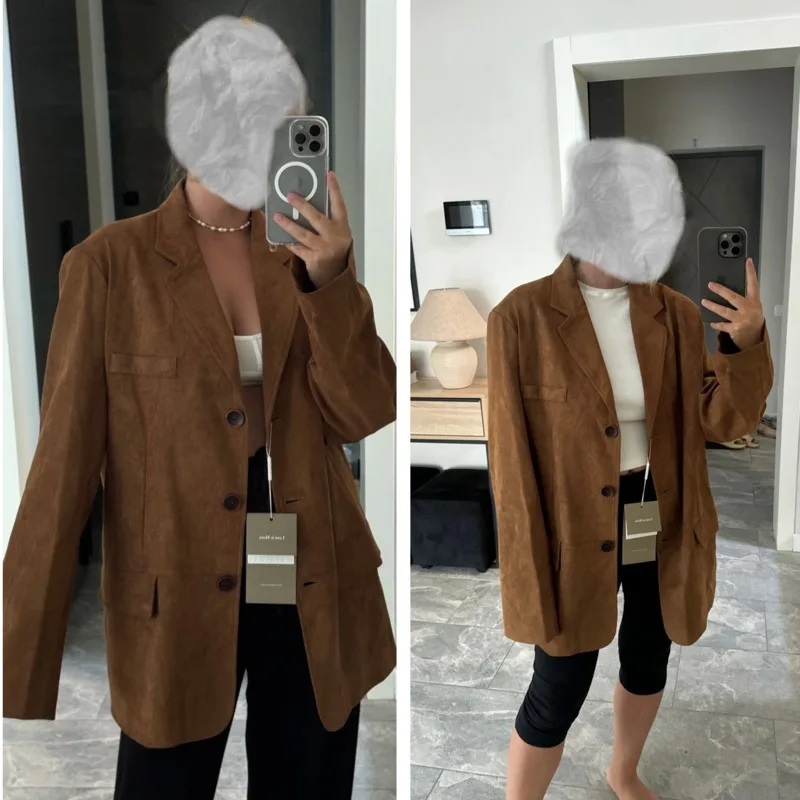 Autumn Imitation Suede Loose Suit Jacket Women Vintage Turn Down Collar Single Breasted Coats