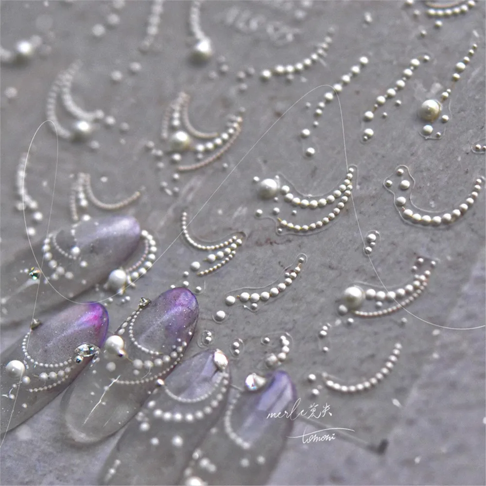 5D reliëf witte parelketting nail art stickers stickers luxe parel kralen slider stickers zelfklevende parel strepen manicure benodigdheden