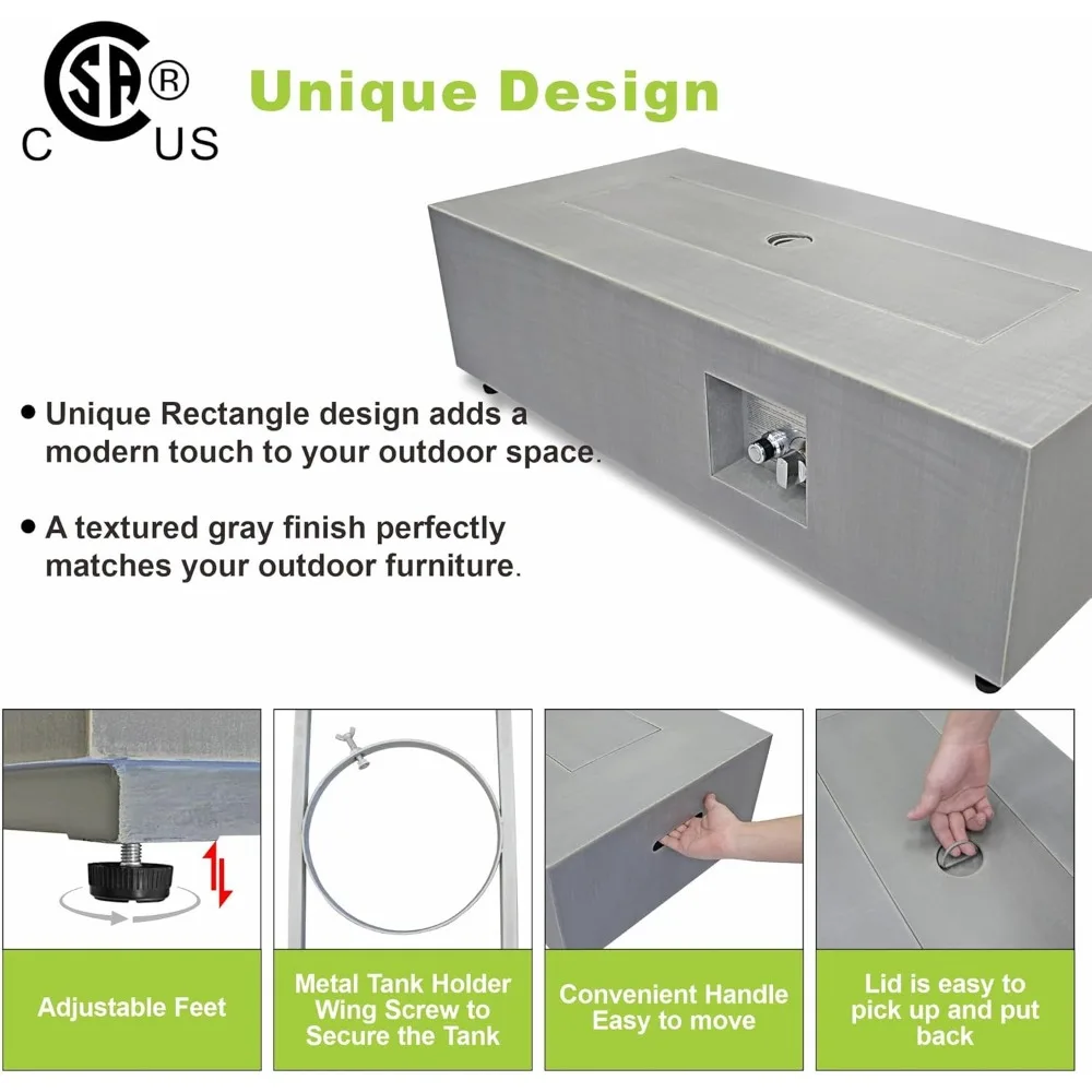 Mesa para fogueira ao ar livre, fogões e lareiras a gás propano, mesas retangulares para fogueira de 42 ′′, mesa de fogo de 50.000 BTU para conjunto de pátio