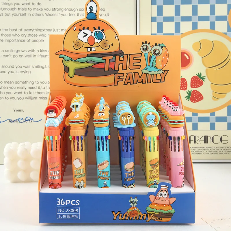 6/36pcs Spongebob Squarepants 10 Colors Ballpoint Multi Color Press Pen Cartoon Gel Pen Student Supplies Stationery Wholesale