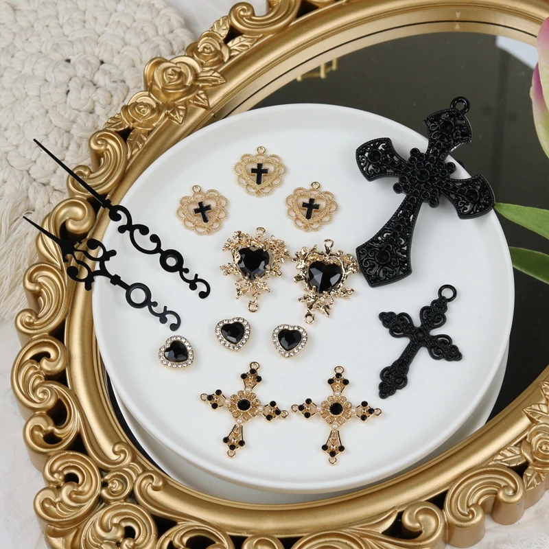 

5pcs Dark Night Diamond Inlaid Handmade Jewelry， Pearl Heart Cross Alloy Pendant, DIY Account Book Bookmark Decoration