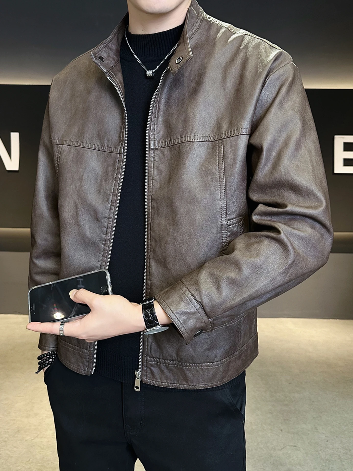 

Men's Fce Lined Leather Jaet Stand Collar Casual ort Sle American Faion Autumn Winter New Arrival High End Brand