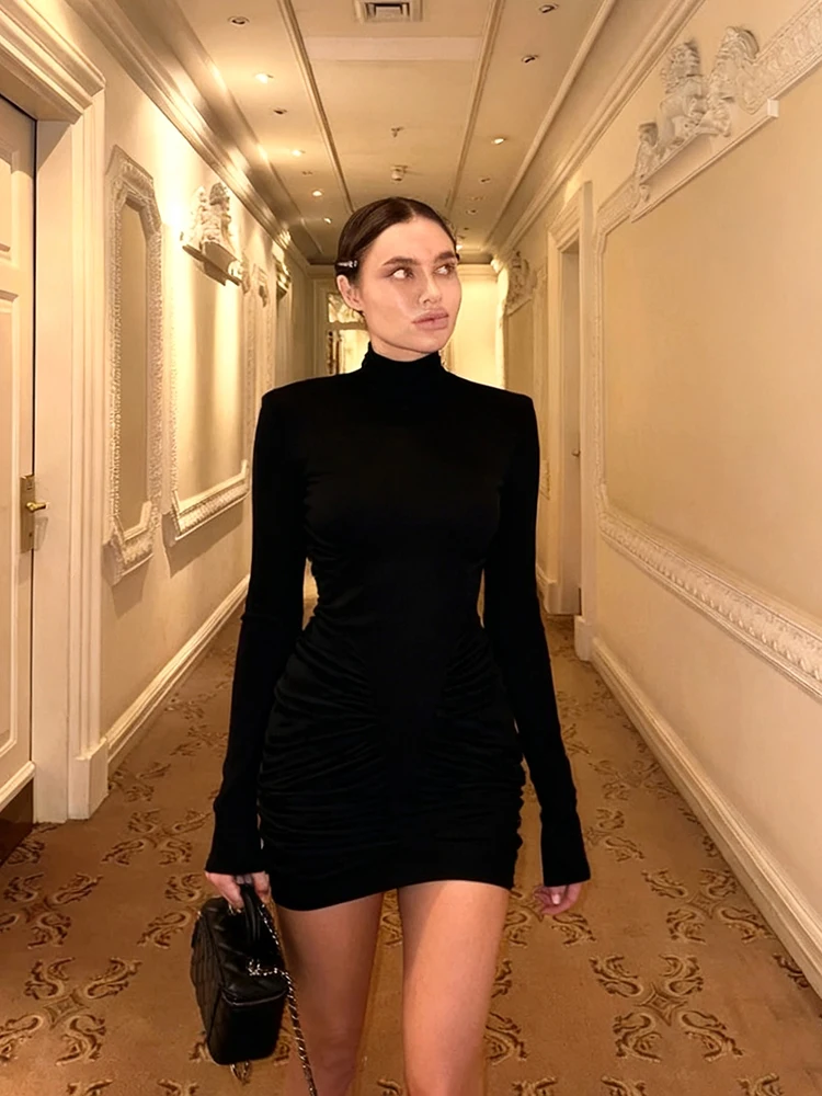 Macheda Autumn Trend Backless Dress Woman Turtleneck Leopard Print Full Sleeve Skinny Wrap Hip Street Sexy Fashion Mini Bodycon