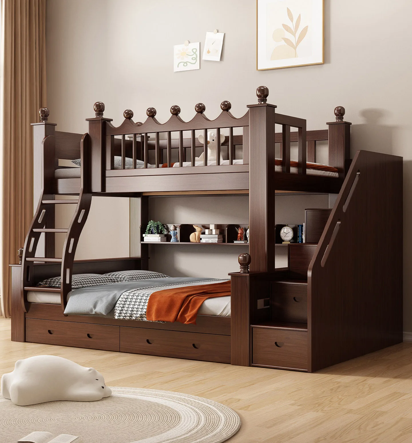 !@New Upgrade Home School Double Apartment Loft Elevated Student Durable Storage Drawer Wooden Furniture Loft Double Bunk Bed