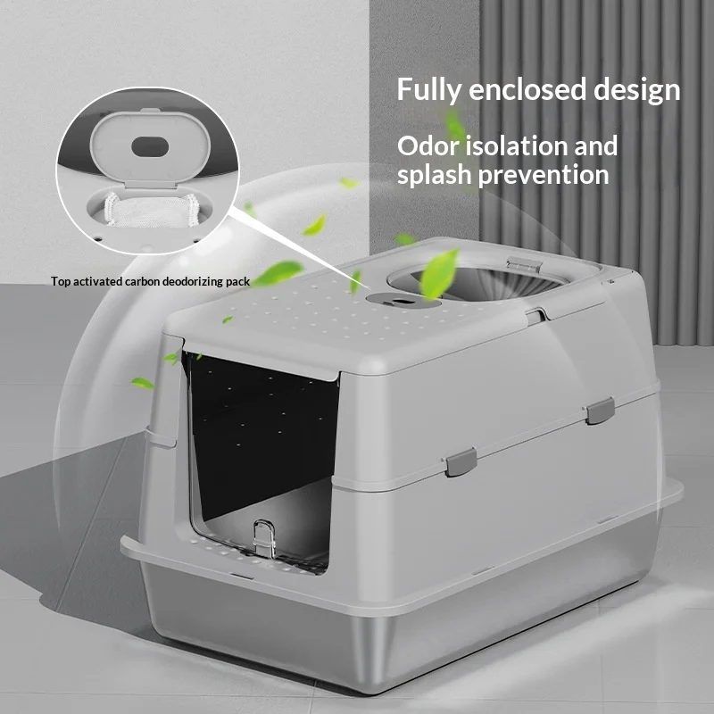 

Enclosed Stainless Steel Cat Litter Box-Jumbo High-Wall Anti-Scatter Design with Flip Lid Hygienic Enclosed Potty for Adult Cats