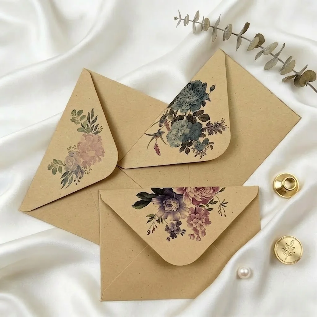 

Kraft Floral Envelopes Colored Letter Paper Set Aesthetic Romantic Stationery for Wedding Graduation Invitation Greeting Cards