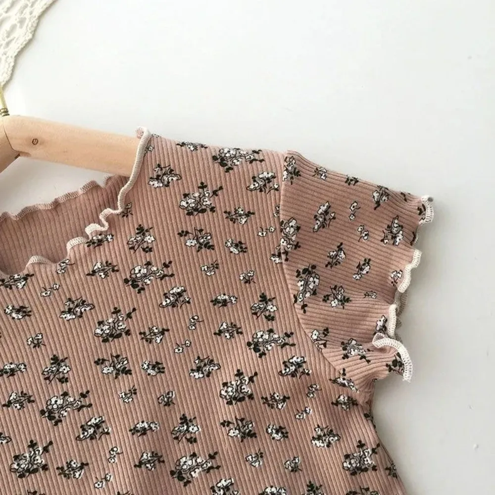 1 Set Ice Silk Fabric Girls Pajama Set Shorts Set Short Sleeve Loungewear Ribbed Texture Elastic Waist Two Piece Set Daily Wear