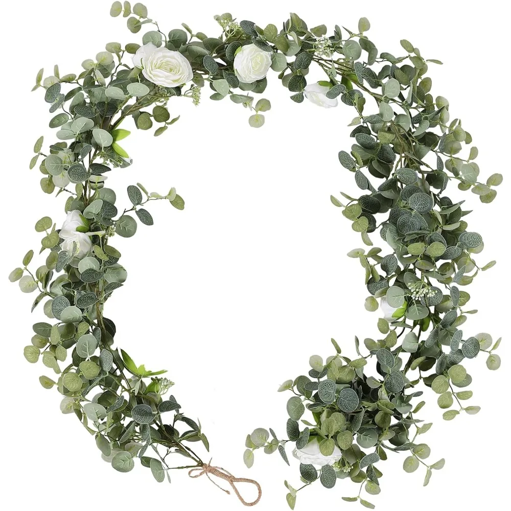 

Artificial Eucalyptus Garland with Faux White Roses for Wedding Arch Backdrop Table Centerpiece Party Decor