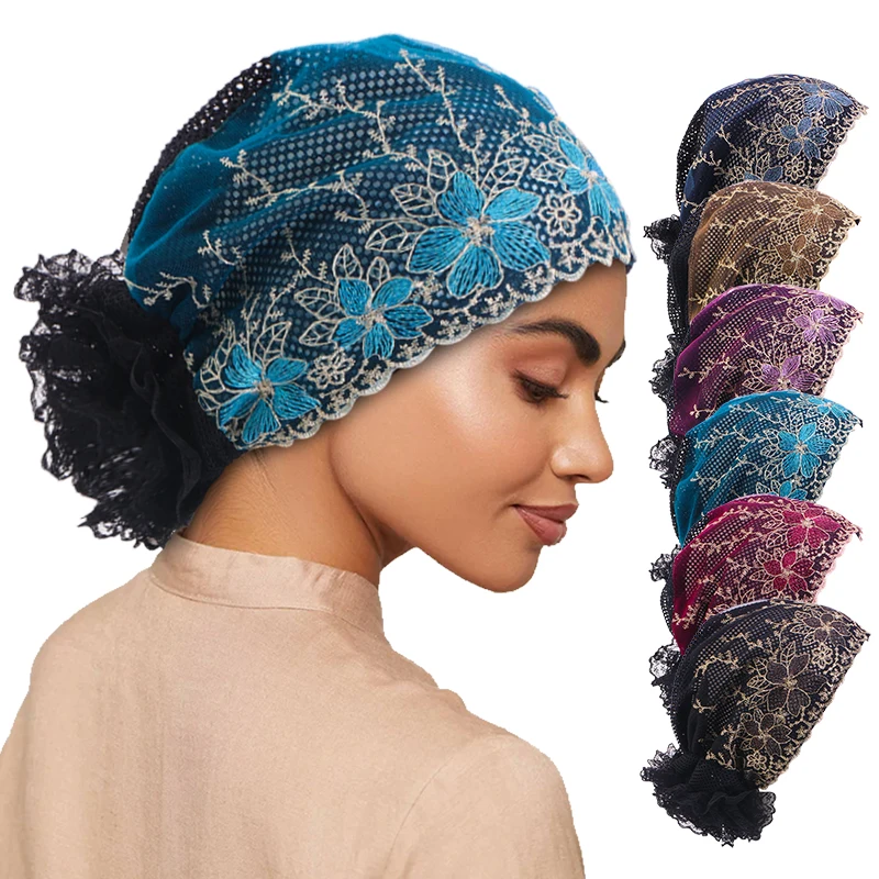 New Women breathable Black Lace Turban Hat Floral lace headscarf hat Muslim Hats Wrap Islamic Headwear