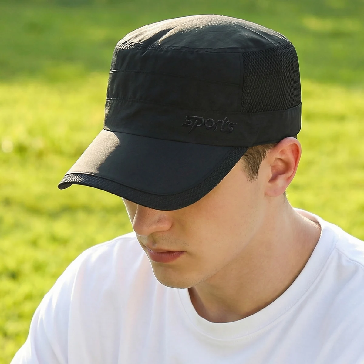 Schnelltrocknender Sonnenschutzhut für Frühling/Sommer, leichte, atmungsaktive Mesh-Baseballkappe, lässiger, flacher Militärstil-Modehut – Detail 1