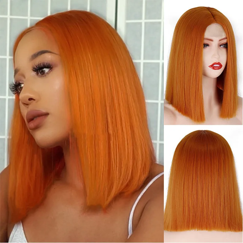 

Fashion female orange bobo short straight hair small lace chemical fiber headgear wigs