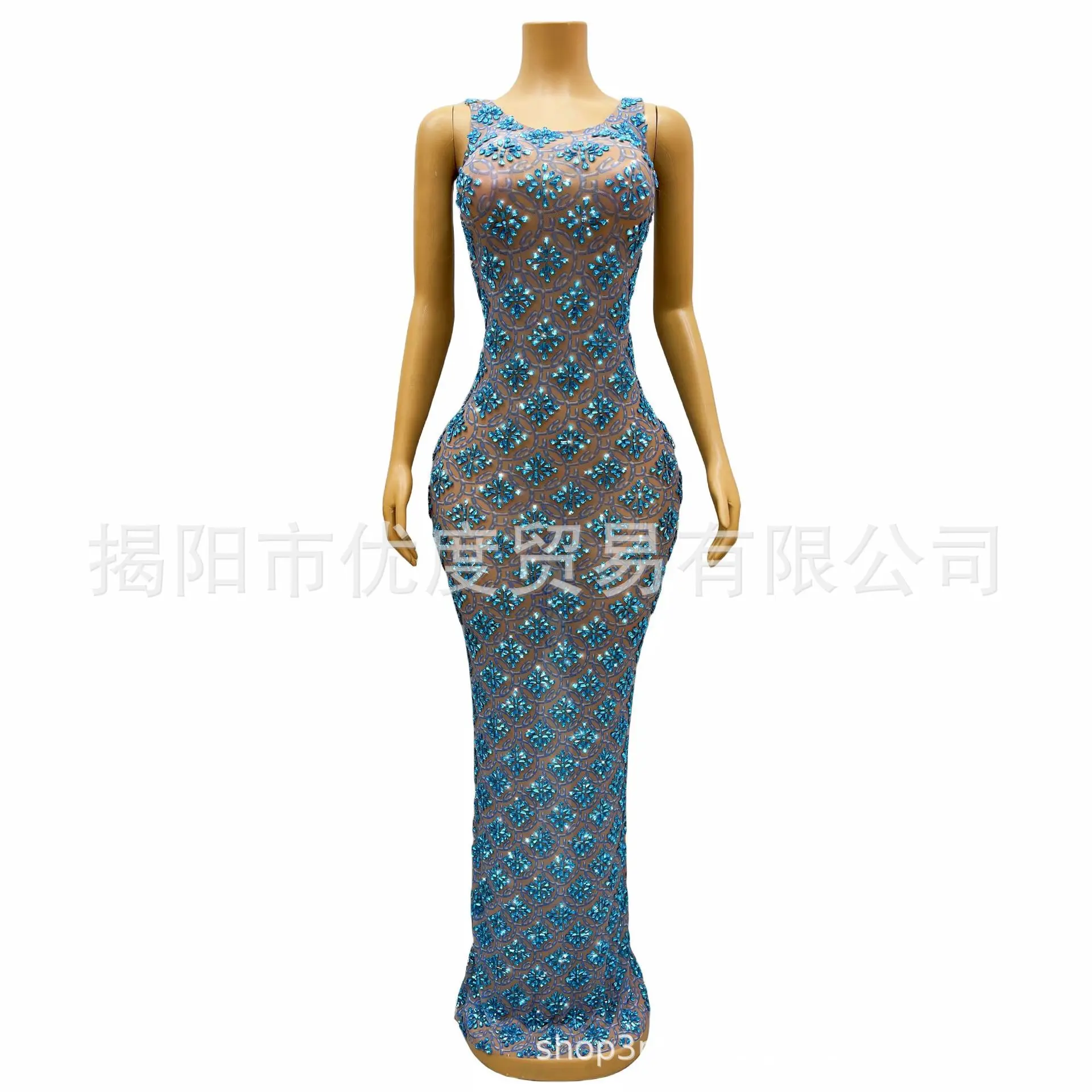 Elegant Ocean Blue Diamond Sparkling Rhinestone Mesh Dress Cocktail Party Night Stage Performance Long Reincarnation Ever Pretty