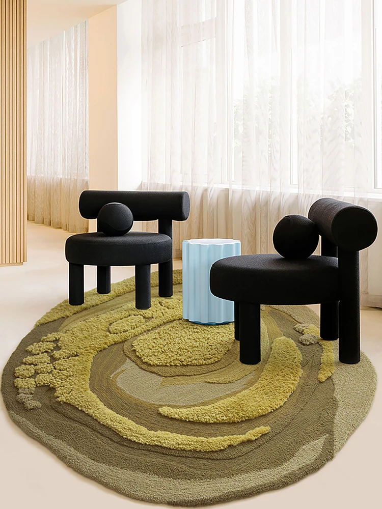 Handmade Round Carpet Living Room Luxury Wool Yellow 3D Pattern Area Rug Irregular Thick Bedroom Carpet Bedside Floor Mat