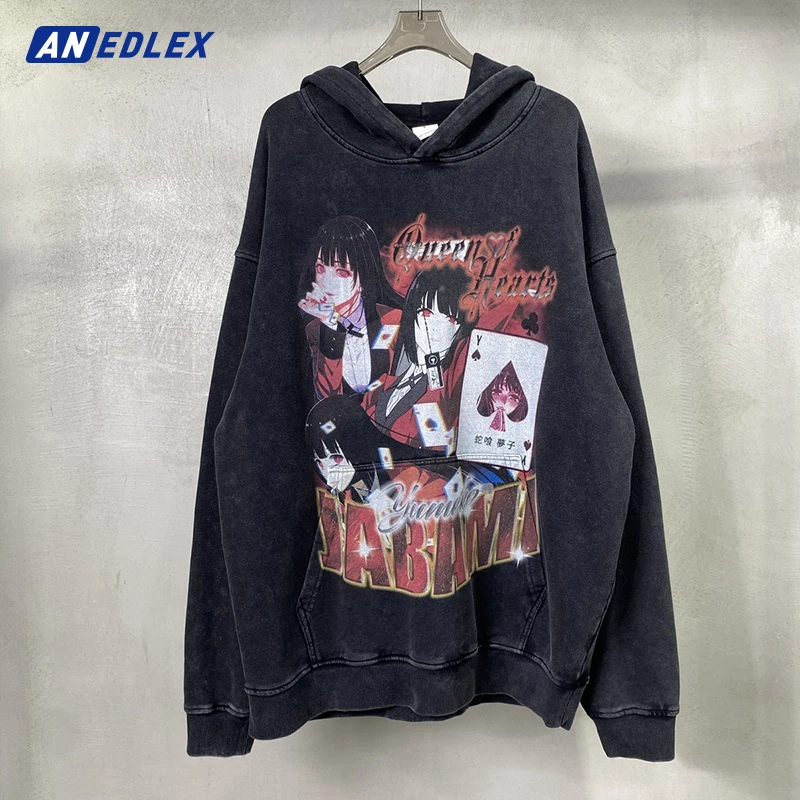 Autumn Winter Men Hip Hop Washed Hoodie Sweatshirt Japanese Anime Girl Print Pullover Cotton Harajuku Vintage Black Hoodie