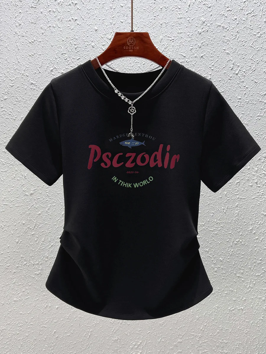 2025 Summer Women's Printed Pleated T-Shirt Slim Fit Waist Define Casual Basic Tee Youthful Daily Tops Breathable Short Sleeve