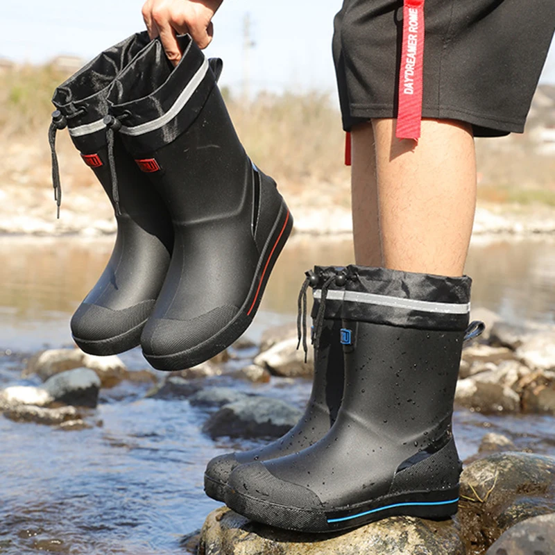 Men's Fashionable Non-slip Mid-calf Rain Boots New Takeaway Rider Outdoor Fishing Water Shoes Construction Site Rubber Shoes