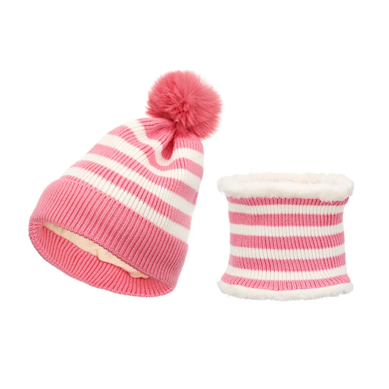 Sciarpa per cappello da bambina invernale spessa Set sciarpa per cappello con pompon per bambini a righe calde cappello invernale all'ingrosso in cotone lavorato a maglia per bambini