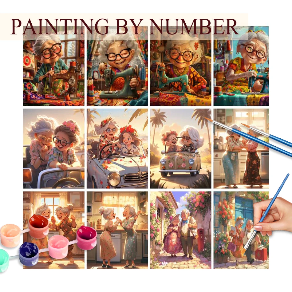 

PhotoCustom Oil Paint By Numbers Kits Grandma Dancing DIY Painting By Numbers On Canvas Frameless Draw Painting Home Decor 60x75
