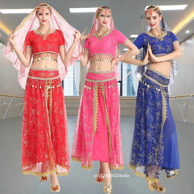 

Sari For Women Indian Clothes Sari Bollywood Dress Belly Dance Costume Suit Women Chiffon 4pcs (Headpieces Top Belt Skirt)