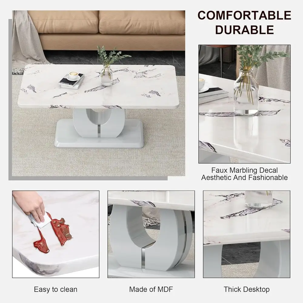 طاولة قهوة حديثة ذات مظهر رخامي مع مساحة تخزين لغرف المعيشة الصغيرة (43.3 لتر × 22.4 وات، أبيض ورمادي) #3