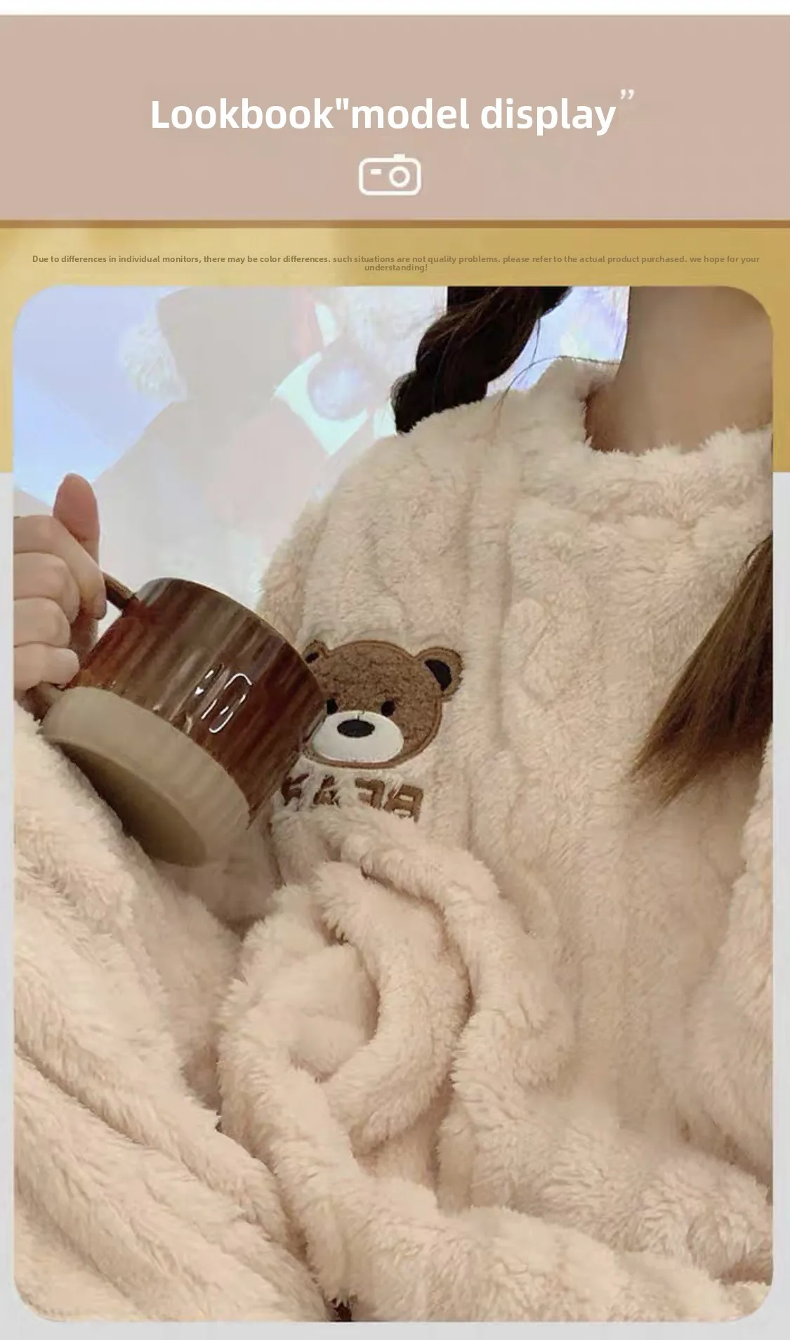 Fall and Winter Flannel Thick Warm Sleepwear Women's Long Sleeve with Fleece Home Clothes Ladies Striped Solid Color Pyjamas