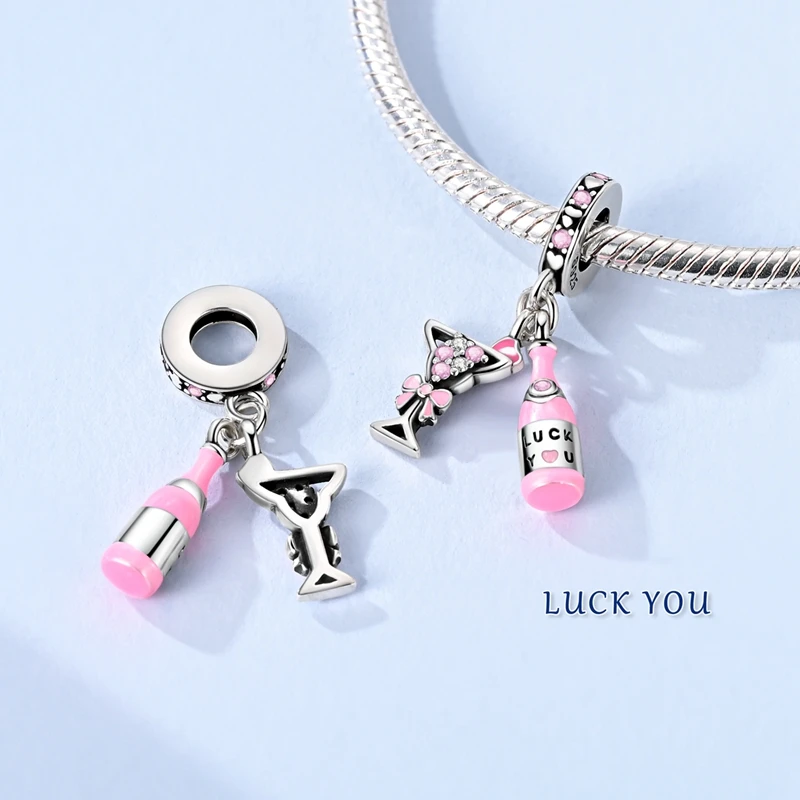 

925 Silver Pink Zircon Charms Bead Strawberry Sparkling Wine Pendants Fit Original Bracelet Women Lover Jewelry Gifts