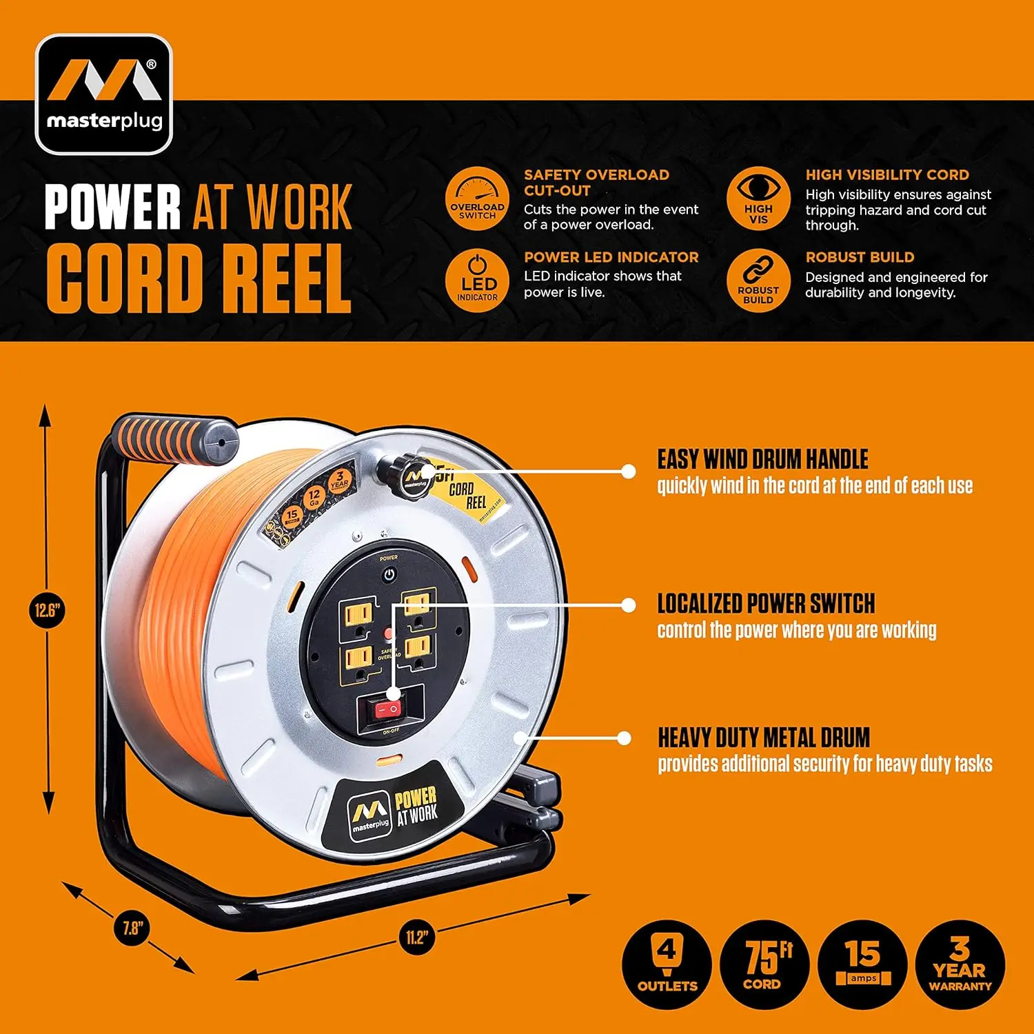 Metal Steel Drum with Four Powered Outlets,Extension Cord with Handle, Overload Circuit Breaker and Power Switch, 75 Feet 12AWG