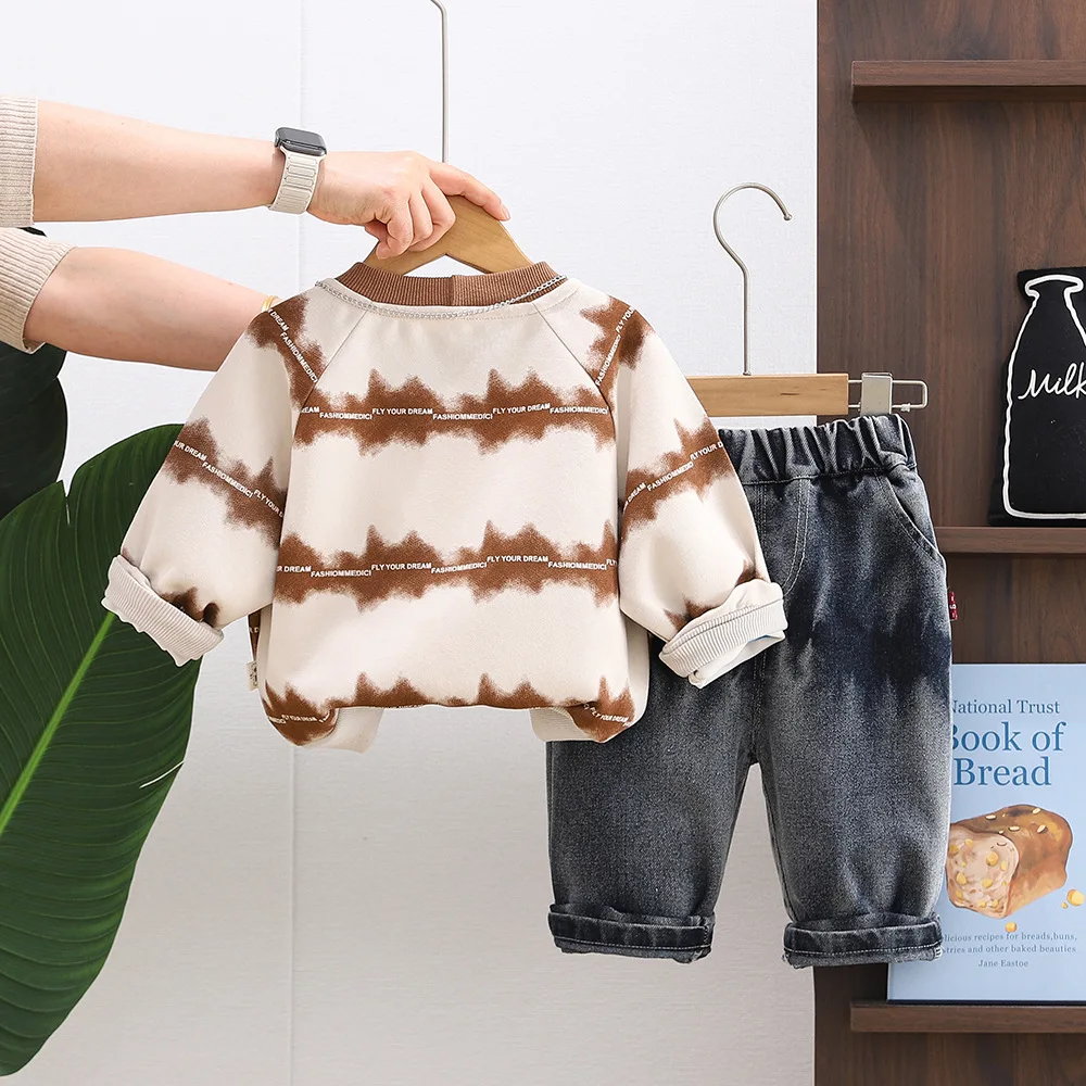 Toddler Spring Outfits 2026 New Baby Boy Clothes 1-5T Casual Wave Long Sleeve Sweatshirts and Pants 2 Piece Set Kids Boys Suit
