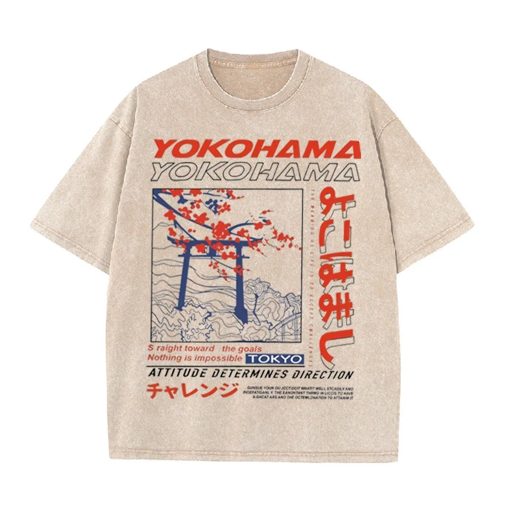 2026 Vintage Washed Beige Yokohama City Graphic T Shirt Torii Cherry Blossom Japanese Ukiyo-e Print Oversized Casual Short Sleev