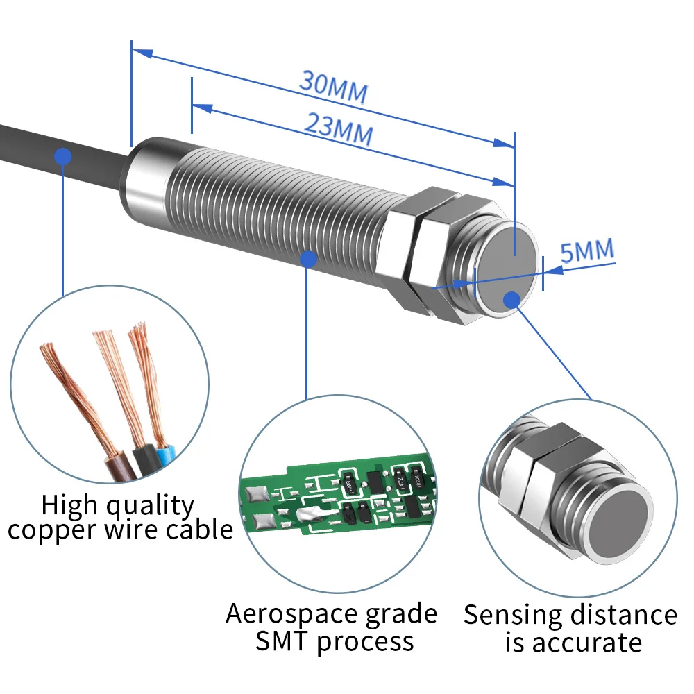 GTRIC M5 Series Small Mini Inductive Proximity Switch Sensing Distance 1mm NPN PNP NO/NC DC 10-30V 3-wire Miniature Metal Detect