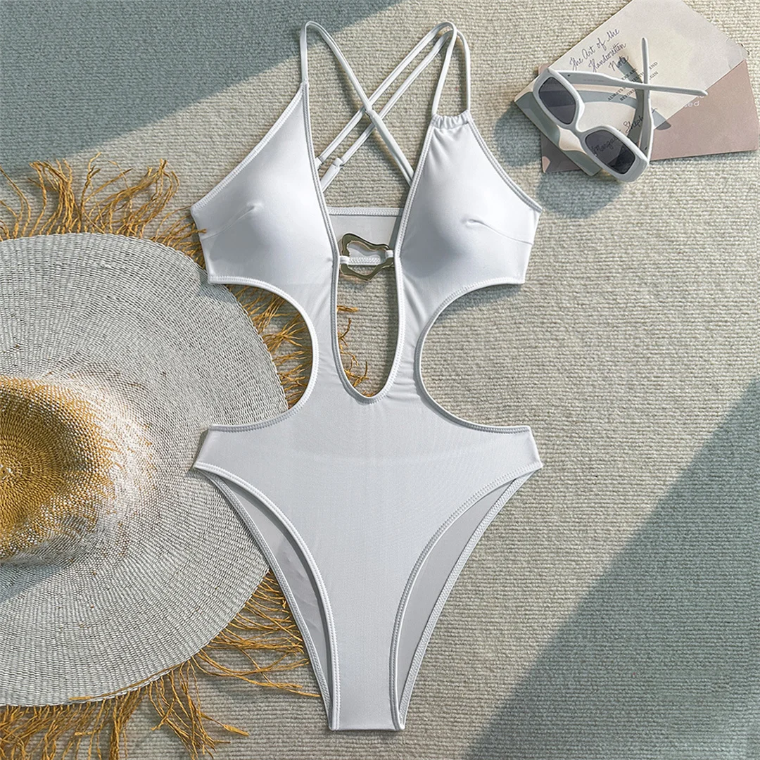 Sexy Badeanzug für Damen mit Metallring-Ausschnitt und Kreuzrücken, einteiliger Badeanzug, hoch geschnittene Beine, Monokini, Badebekleidung, Badeanzug V7566 – Detail 19