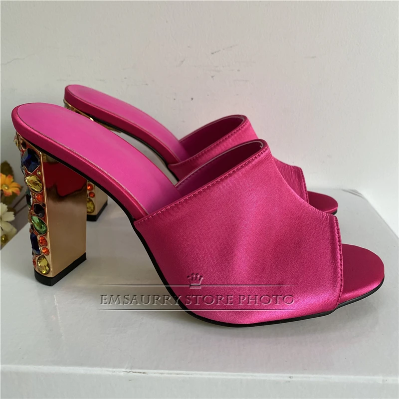 Colorful Rhinestone Crystal High Heel Sandals Women Luxury Satin Sexy Peep Toe Slingbacks Slim Summer Shoes For Girls