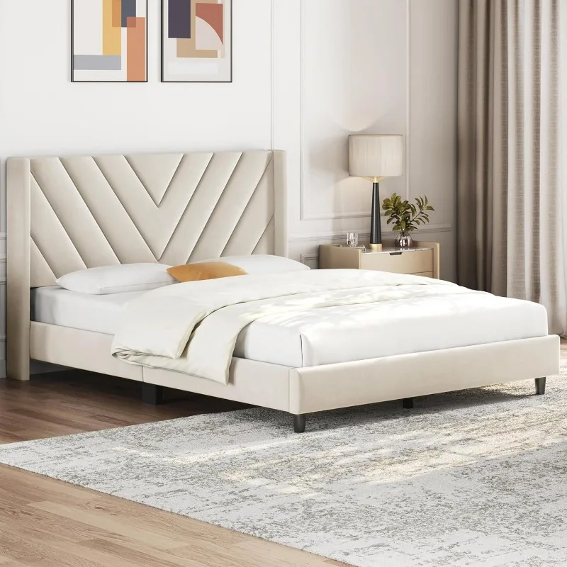 Full-size bed frame upholstered platform bed with wing-tufted headboard/sturdy wood slat support/no springs required image 3