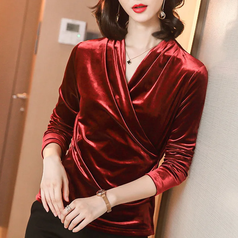 Elegant V-Neck Solid Color Folds Blouse Women\'s Clothing 2022 Autumn New Oversized Casual Pullovers Loose Office Lady Shirt