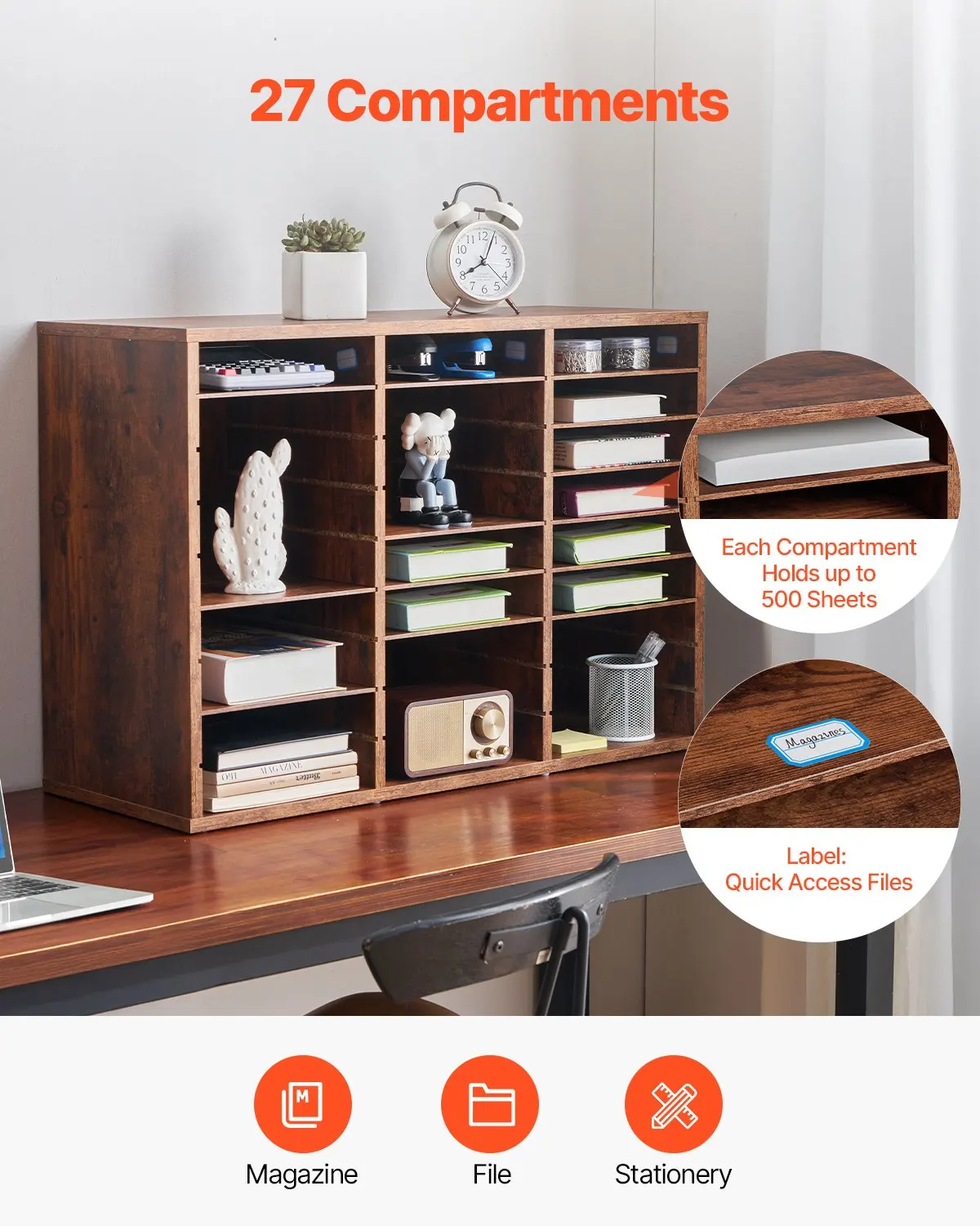 Organisateur de documents de bureau avec 27 compartiments et étagère amovible, trieur de dossiers en bois et panneaux de particules, rangement pour bureau et salle de classe, marron foncé