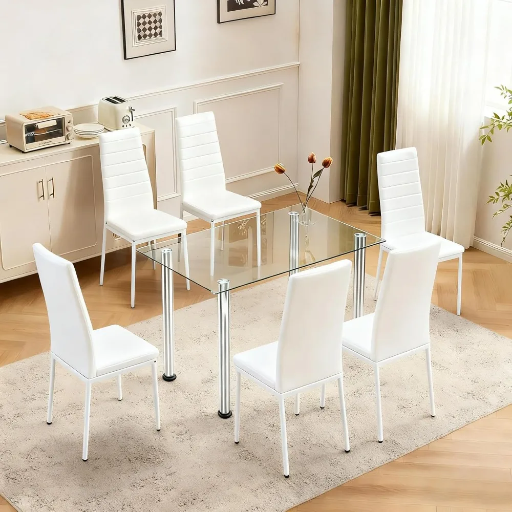 

White Dining Chair Set of 6, Leather Dining Chairs with Curved Back & Foot Cap Protection for Dining Kitchen Living Room