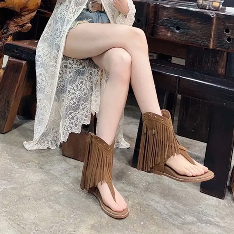 

Roman pinch tassel sandals women's 2025 new summer open-toe side zipper inner height-increasing cool boots