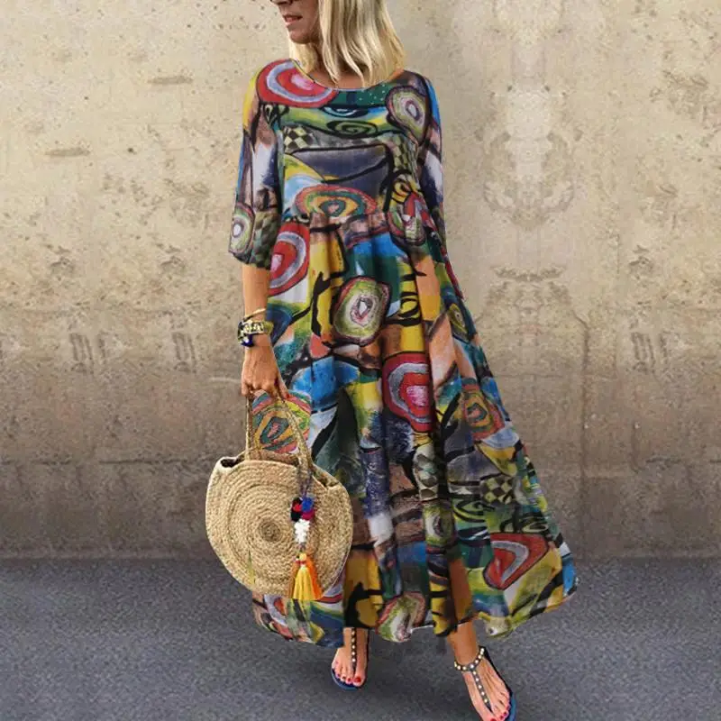 2023 Autumn Summer Dress Women Vintage Vestidos 2023 Pleated Printed Long Maxi Dresses Tunic  Femme 3/4 Sleeve