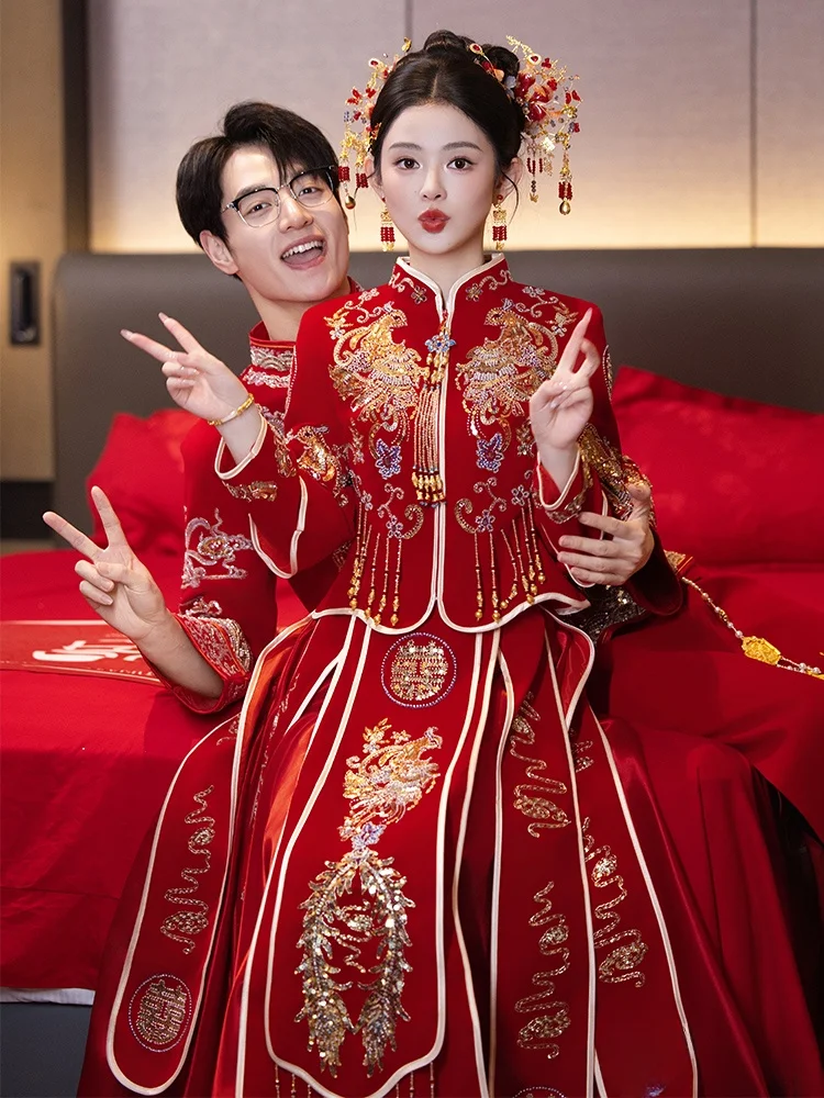 

New 2025 Wedding Dr Traditional Chinese Sle Long Sve Stand Collar New Bride Marriage Ceremony Dr Xiu He Fu