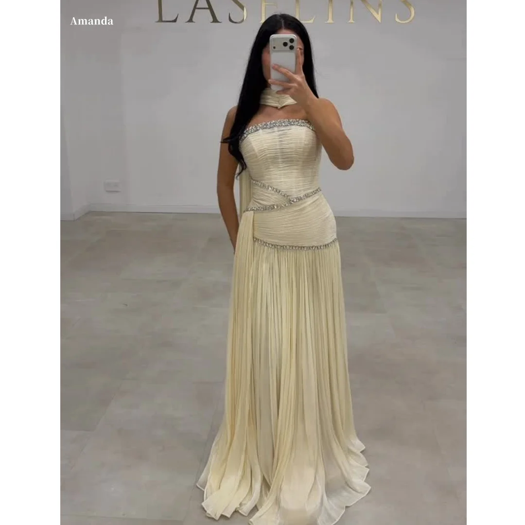 

Amanda Customized Cream Strapless Rhinestone Pleated Formal Evening Prom Dress vestidos de noche 2026 New Arrival Party Gown