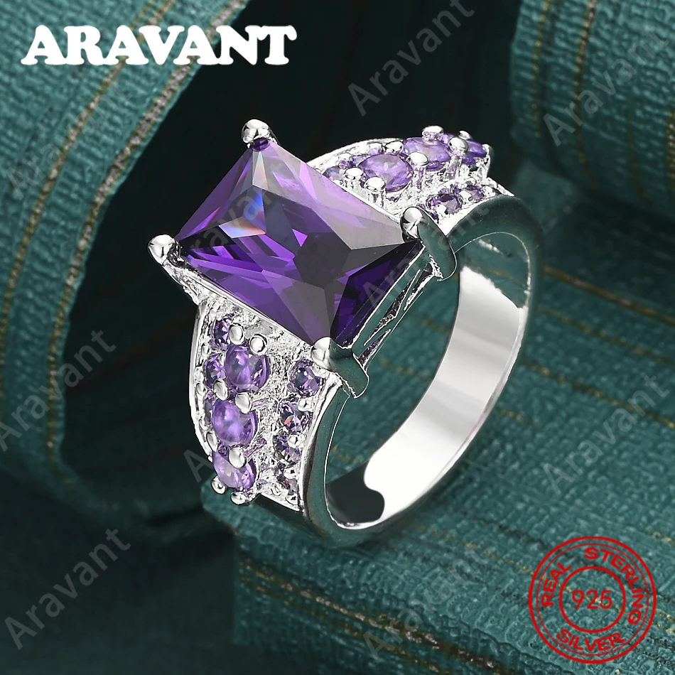925 Sterling Silver Purple Square Zircon Ring With Full Diamonds - Women'S Commute Accessories, Christmas Gift Jewelry