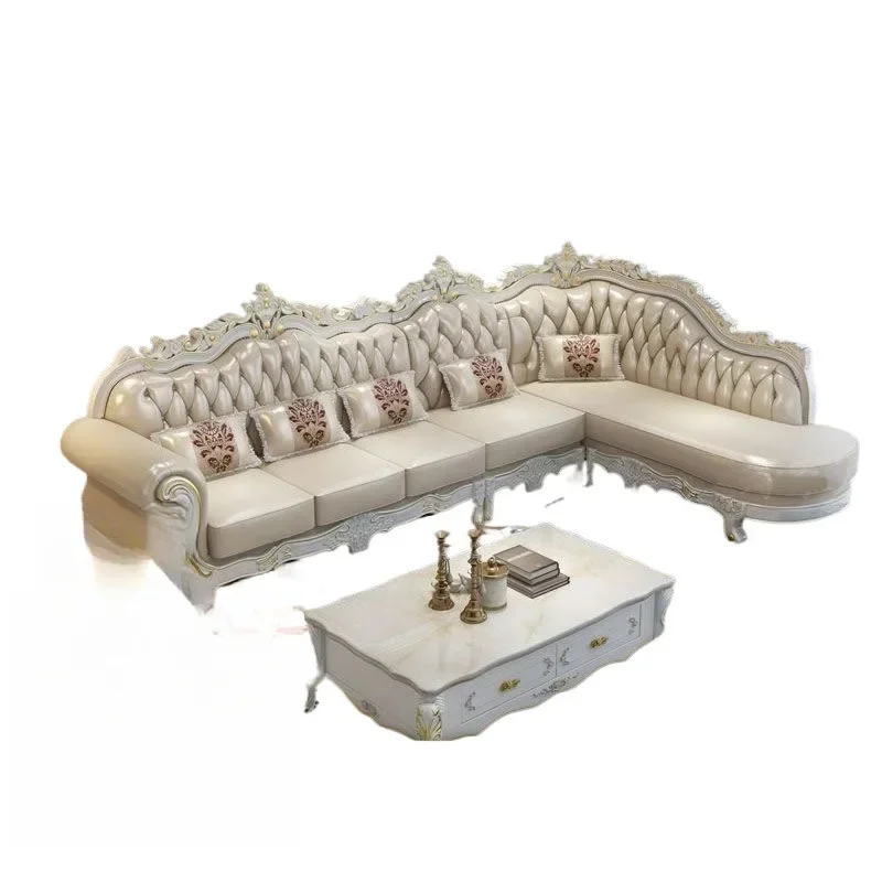 HT luxury corner concubine cowhide sofa home villa solid wood carving flower high-end furniture
