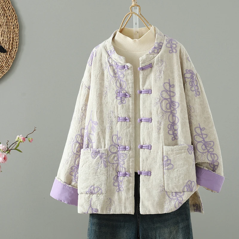New Chinese Sle Thin Cotton Jaet Women's Autumn Winter Printed Clothes National Sle Button up Coat Long Sve Stand Co...