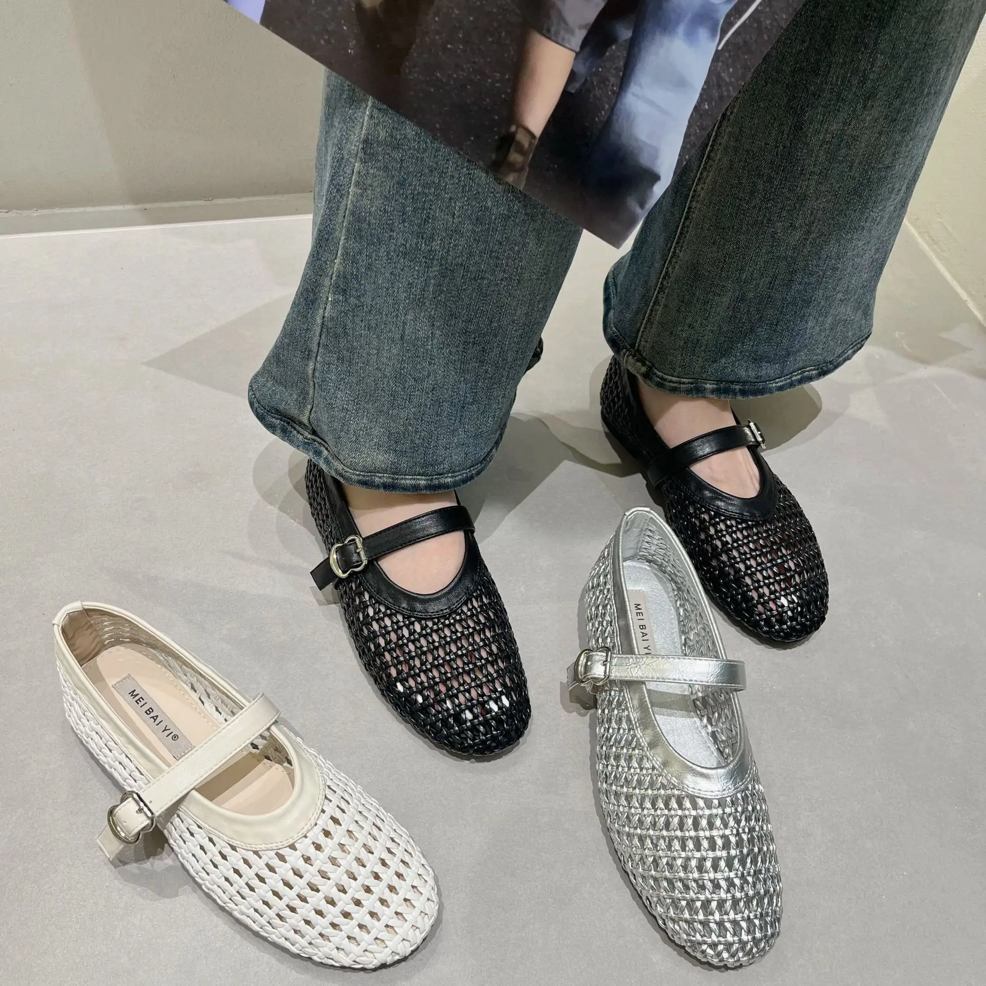 

Breathable Woven Single Buckle Mary Jane Shoes Women's Summer Vintage Versatile Mesh Upper round Toe Flat Bottom Fashionable