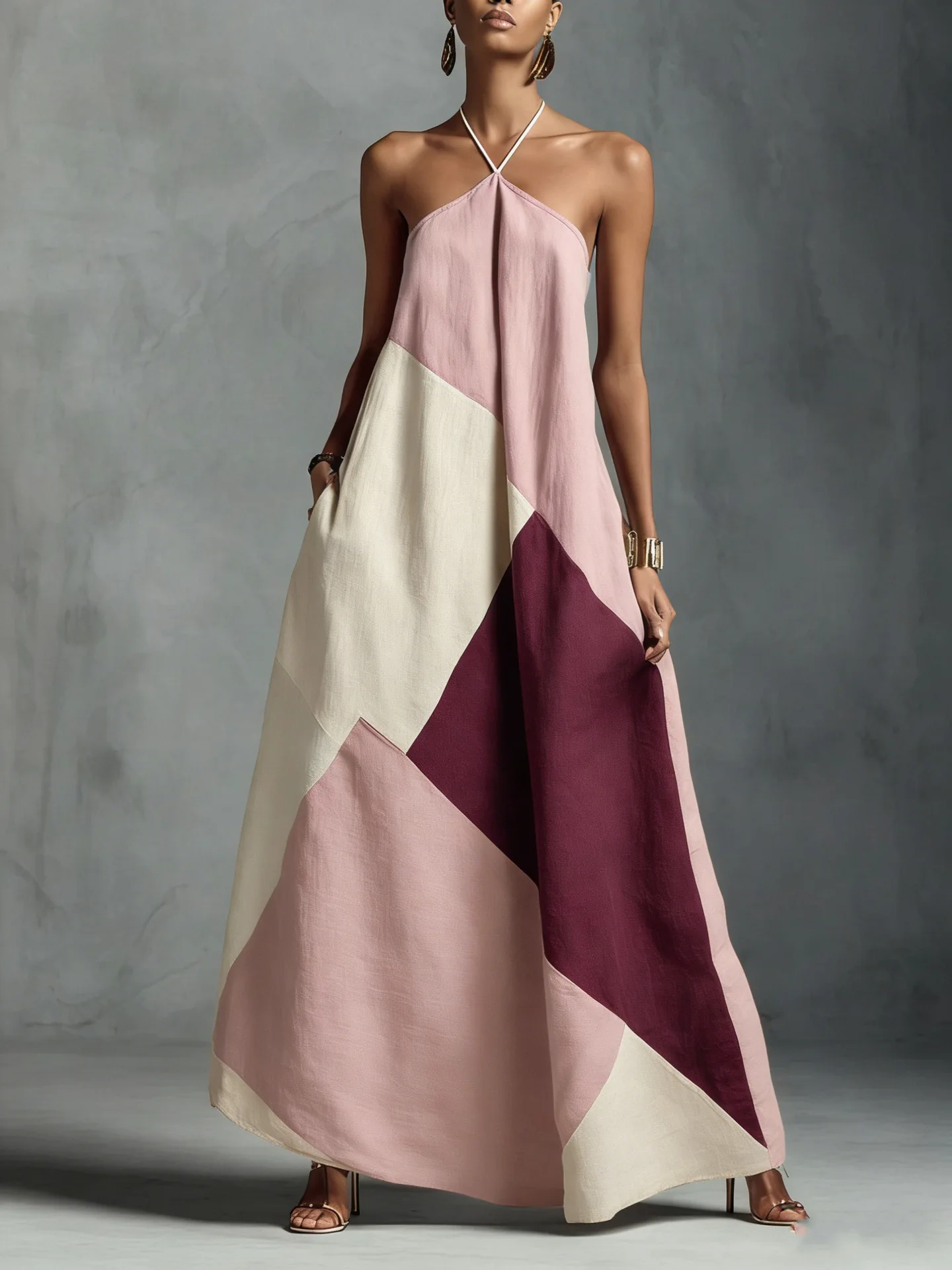 Summer Women Maxi Dress Stylish Color-Block Patchwork Loose Sleeveless Halter Long Dress Trendy Fashion Casual Pocket Dresses