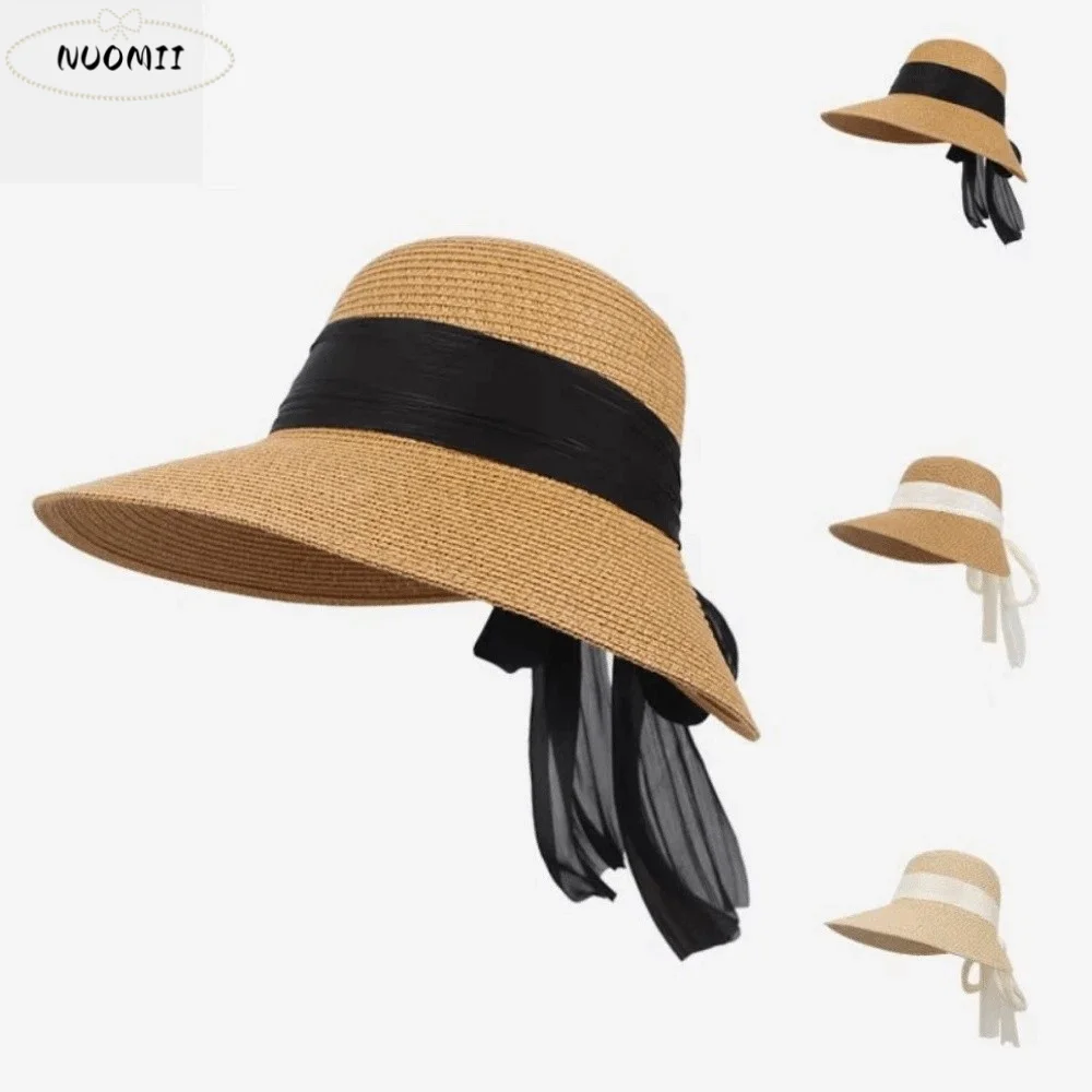 

Foldable Straw Weaving Beach Hat UV Protection Wide Brim Big Brimmed Woven Cap Elegant Bow Ribbon Woven Straw Hat Outdoor